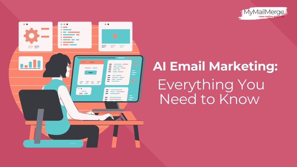 Illustration showing AI-powered email marketing with automation, personalized email campaigns, predictive analytics, and email optimization.